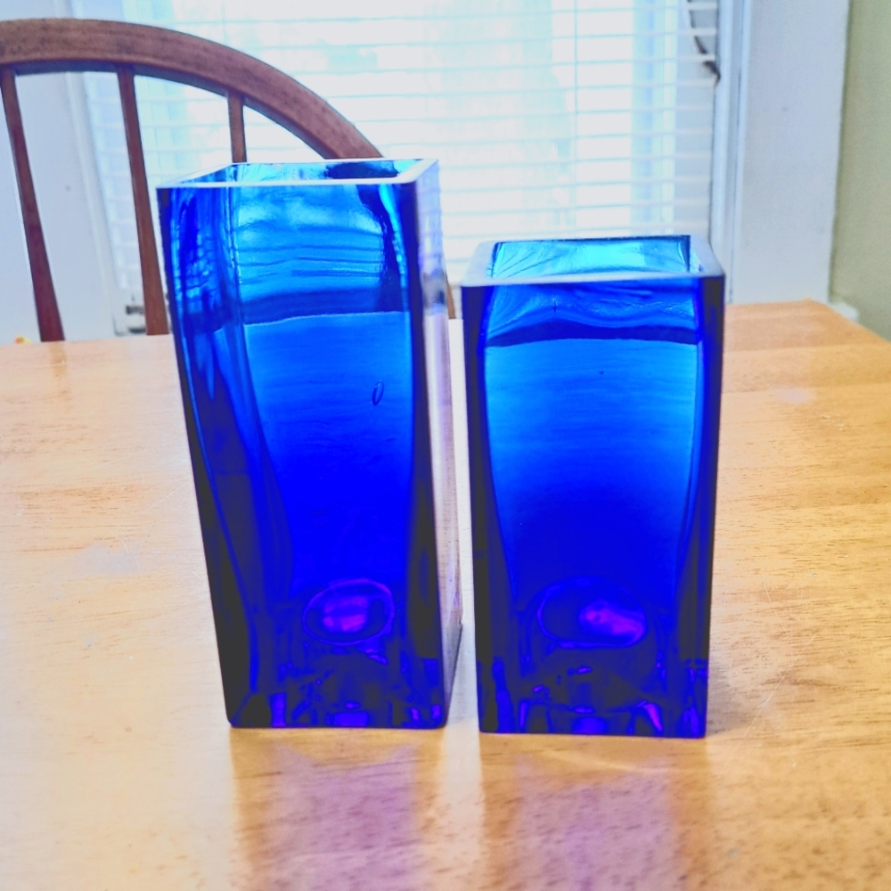 Vtg Cobalt Blue Small Square Vases Candle Holders Giftco Inc